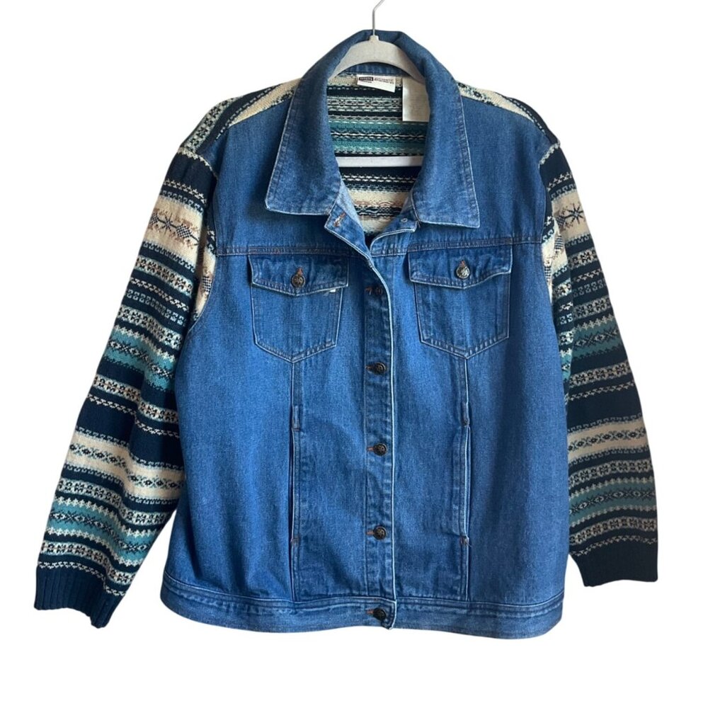 Vintage Faded Glory Y2K Womens Large Denim Jacket Knit Fair Isle Knit Boho